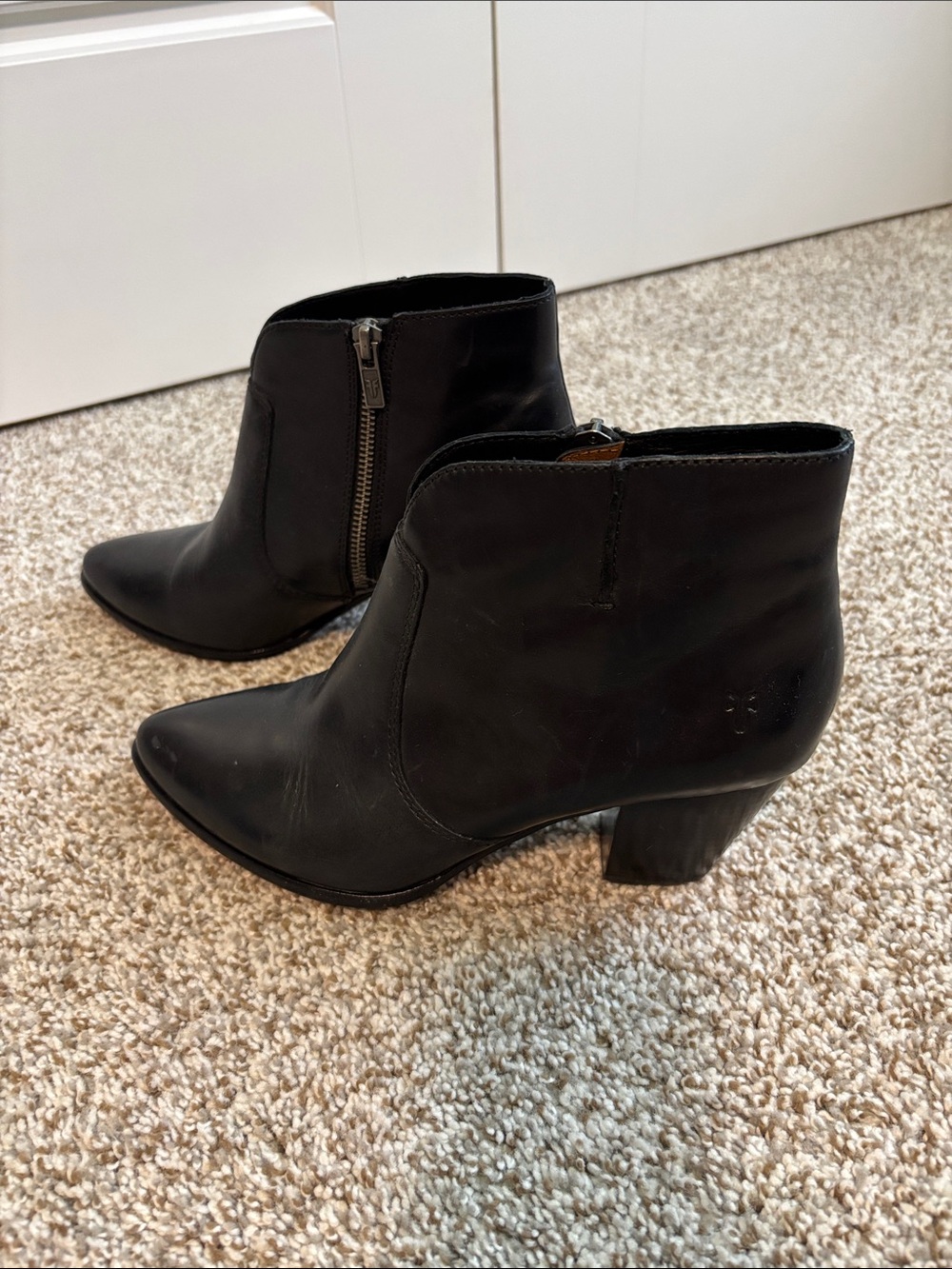 Frye Black Leather Pointed Toe Ankle Booties with Side Zip